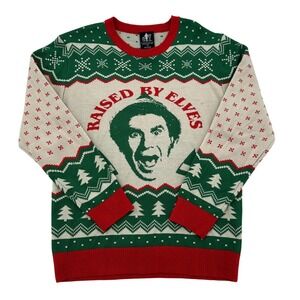 Elf Movie Raised By Elves Ugly Christmas Sweater Knit Pullover Men Medium Cozy